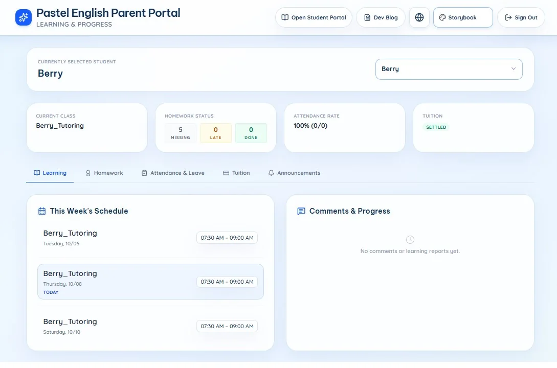 Pastel English parent portal on desktop, showing homework status, the class schedule and a comments and progress area.