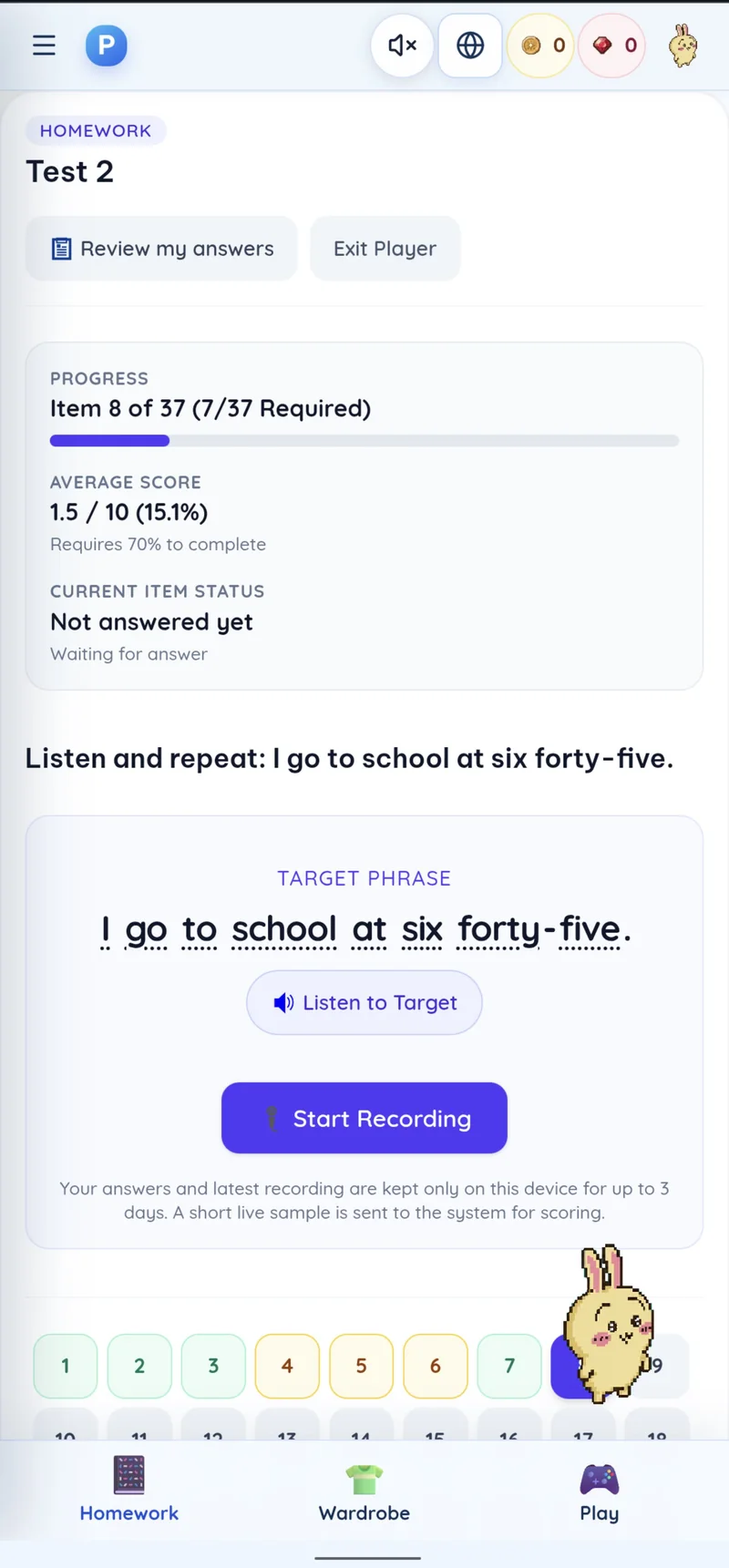 Pronunciation homework with a Listen and repeat sentence, Listen to Target and Start Recording controls, and speech-scoring progress.