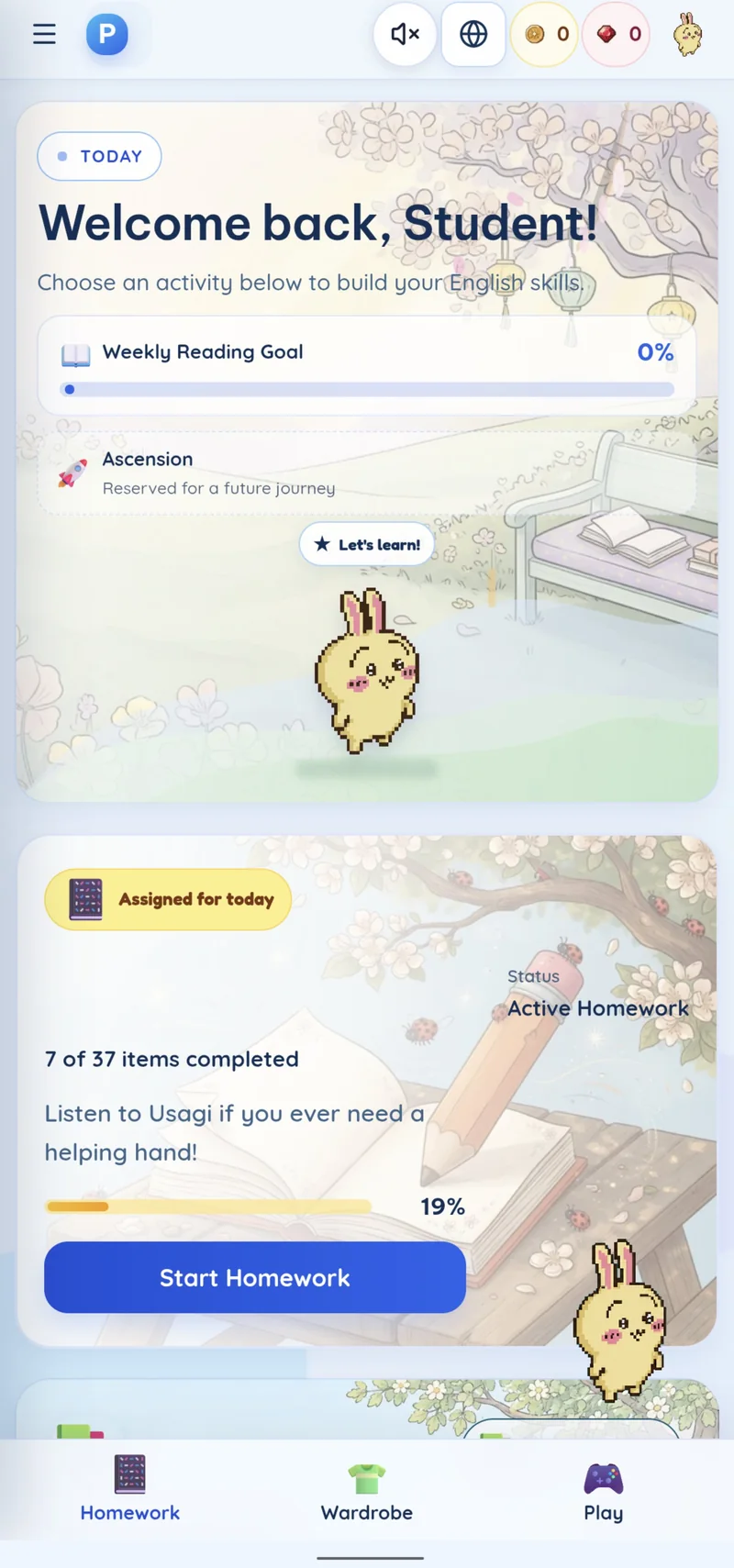 Pastel English student home with the yellow Usagi bunny, assigned homework and navigation to Homework, Wardrobe and Play.